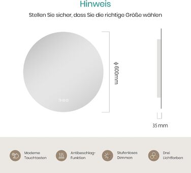 Дзеркало для ванної кімнати EMKE з підсвічуванням, 50 см, кругле, без рами, з регулюванням яскравості, 3 кольори світла, антизапар, сенсорне управління, функція пам'яті, 60x60 см