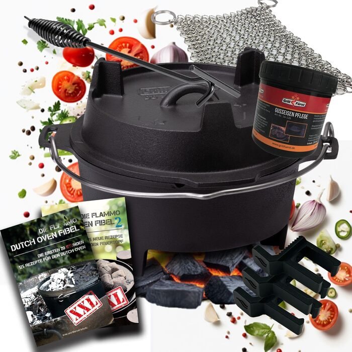 Набір голландської печі Grillfürst Dutch Oven BBQ DO 9 (9 л) з кришкою 35 см, підставкою, очищувачем та пастою для догляду + 2 шт. голландська піч Grillfürst DO 12 XXL