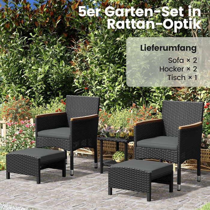 Садовий набір меблів Yaheetech 5 предметів: 2 крісла, 2 пуфи, столик для балкона та тераси (чорний та сірий)