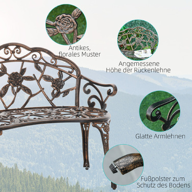 Металева лавочка для саду на 2 особи в ретро стилі з квітковим візерунком, 100 x 54 x 78 см, бронзового кольору