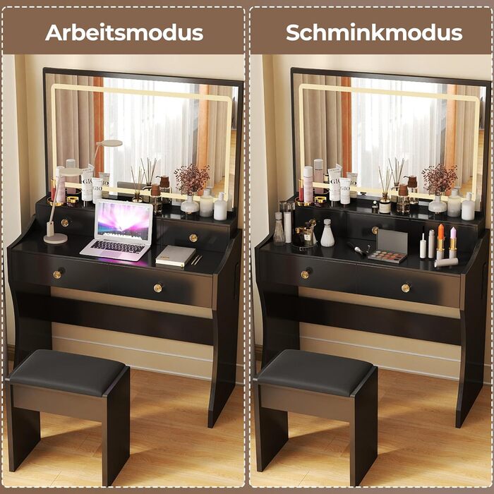 Трюмо COMHOMA з підсвічуванням, дзеркалом та прихованою LED-смугою, зі стільцем та 5 висувними ящиками, з розеткою, 3 колірні температури та регульована яскравість, білий (чорний)