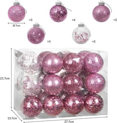 Різдвяні дрібнички Casaria 24 шт. ø пластикові нестандартного наповнення не б'ються прозорі Різдвяні дрібнички різдвяні прикраси (7 см, рожевий)