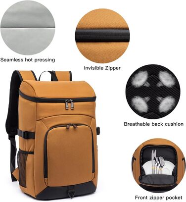 Рюкзак-холодильник Laripwit 54 літри, ізольований, з відділенням для холоду, коричневий - для пікніків, подорожей, кемпінгу, тактики, пляжу