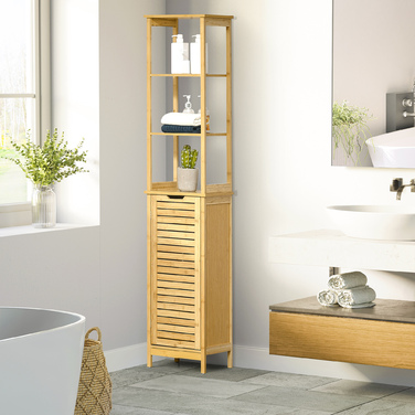 Шафа Kleankin Badschrank Bambus, 34 x 30 x 173 см, з 3 відкритими полицями та 1 шафкою, захист від перекидання, отвір для ручки, вільного стояння, для маленьких приміщень, натуральний колір | Aosom