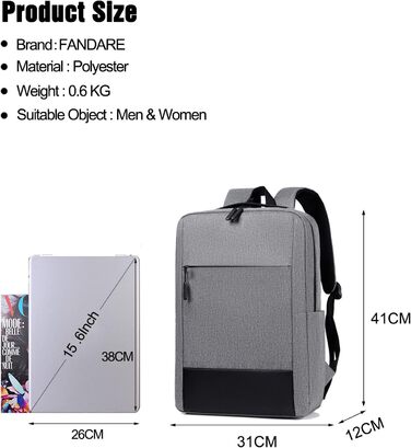 Рюкзак для ноутбука FANDARE Чоловічий жіночий шкільний рюкзак Денний рюкзак Трекінговий рюкзак із USB-портом для зарядки Денні рюкзаки для ділових поїздок, роботи, відпочинку, ранця на відкритому повітрі (сірий)