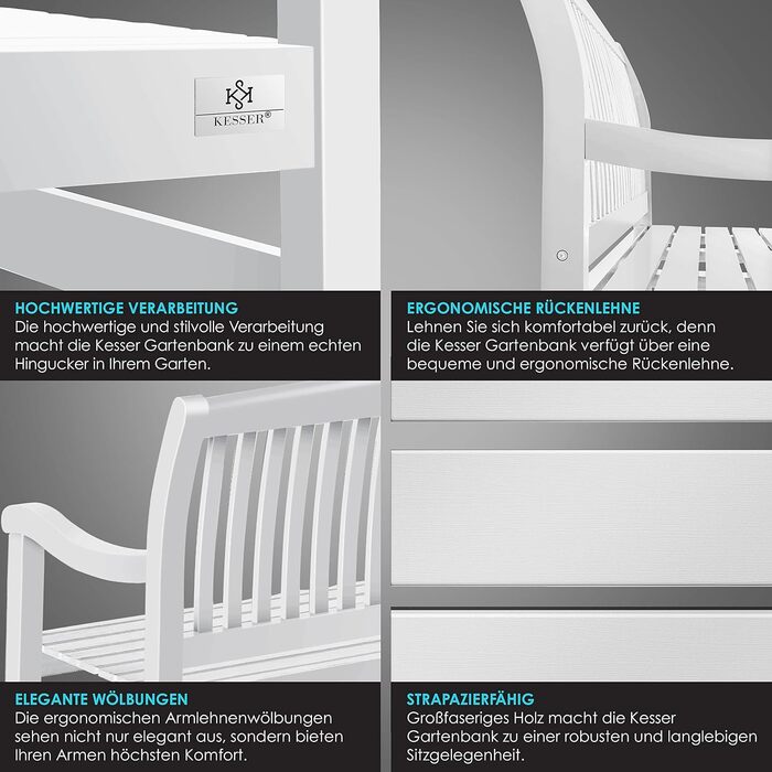 Садова лавка KESSER® дерев'яна для 3-4 осіб, біла 150 см, стійка до погодних умов, вантажопідйомність 320 кг, з чохлом для балкона, тераси та саду