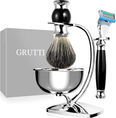Набір для гоління GRUTTI Premium з підставкою для бритви, стаканом для гоління, штучним хутром борсука та чоловічою вологою бритвою (сумісною з Fusion 5) - подарунковий набір для чоловіків (набір чорного кольору)