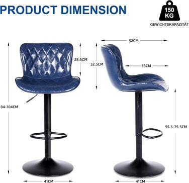 Барні стільці Youhauchair 3 шт., шкіряні, регульовані по висоті, з підніжкою та спинкою, для кухні та бару (Блакитні)