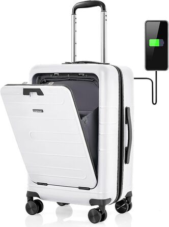 Дюймова ручна поклажа COSTWAY з відкидною стільницею, дорожня валіза 38 л з передньою кишенею, відділення для ноутбука, USB-порт і обертові колеса, жорсткий чохол для ПК із замком TSA для ділових поїздок (білий), 20-