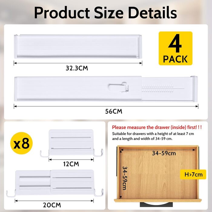 Набір роздільників для ящиків Gigmeta (4 шт) з регулюванням, 34–59 см, >7 см. Підходить для шафи, спальні, комода, кухні, офісу