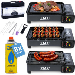Газовий гриль та плита 2-в-1 ZMC з п'єзозапалюванням – портативний гриль та плита для кемпінгу з 8 картриджами 227г, аксесуари та кейс – потужність 2,2 кВт – для відпочинку на природі, кемпінгу та дому – підключення LPG