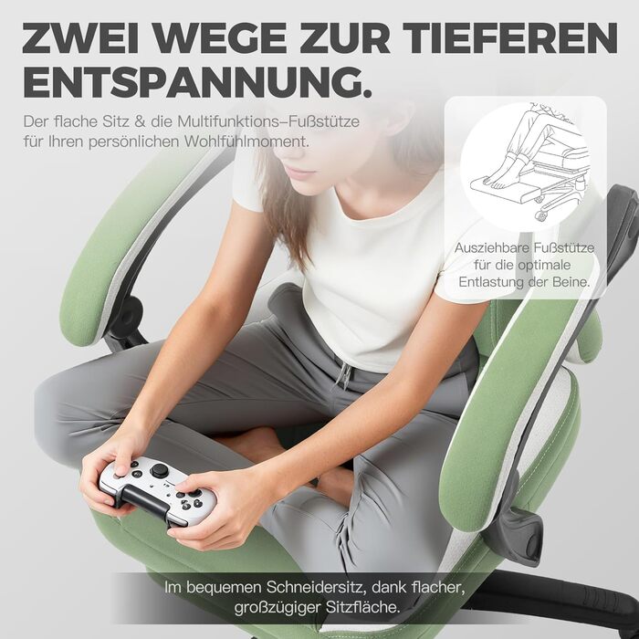 Ігровий крісло Dowinx з тканиною, гелевою подушкою та пружинним блоком, ергономічний офісний стілець з підніжкою, масажний ігровий крісло для дорослих (зелений)