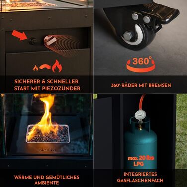 Газовий обігрівач Planika Faro – 8kW, чорний, для тераси та саду, з кришкою, 36 x 36 x 150 см (Газовий балон не входить у комплект)