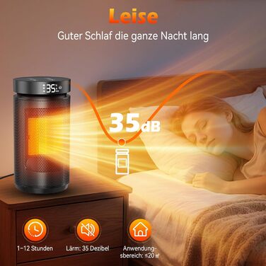 Електричний обігрівач 1500W з PTC керамічним нагрівачем, тихий (34 dB), з термостатом, таймером (12 год) та захистом від перегріву та перекидання. З пультом керування, чорний.