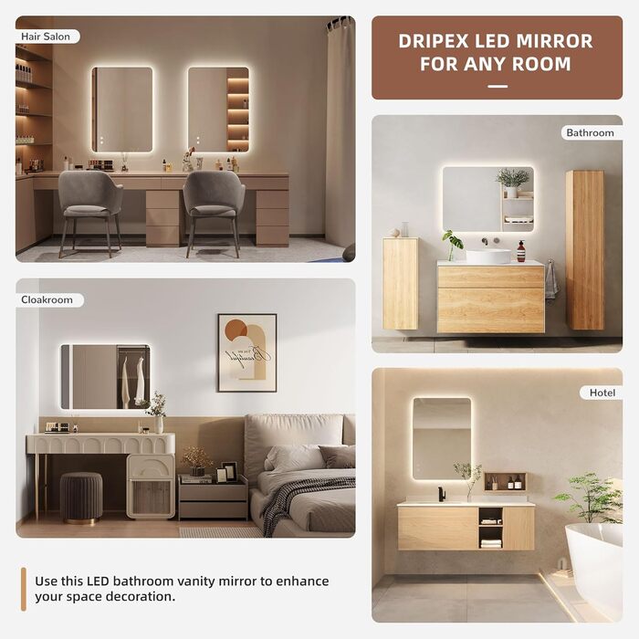 Дзеркало для ванної кімнати з LED підсвічуванням Dripex, сенсорне керування, регулювання яскравості, 3 кольори світла, антизапар, 80x80 см
