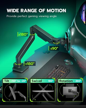 Кріплення для монітора ARES WING з USB A/C, кріплення для монітора, 17-49 дюймів, вантажопідйомність 20 кг, газ-амортизатор, VESA 75/100 мм, чорний