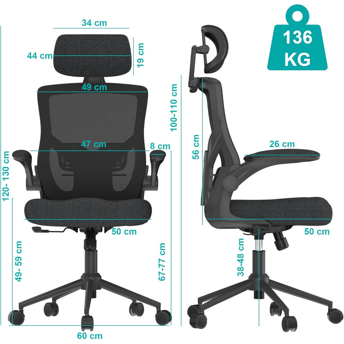 Ергономічне крісло для офісу з регульованою підголівником та поперековою підтримкою – високе офісне крісло з сітчастою спинкою та м'яким сидінням, вішалка для одягу та функцією блокування (Чорний)