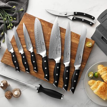 Набір кухонних ножів Дамаск з дерев'яним блоком, професійний кухонний набір ножів VG10, 67 шарів, преміум якість (сірий)