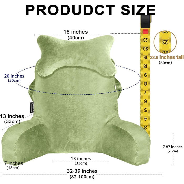 Підлогове крісло-мішок для читання в ліжку, диван для дорослих, подушка для спини з кишенею, крісло для ліжка, читання, перегляду телевізора, ігор (зелене)