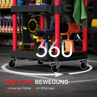 Ящик для інструментів з трирівневими полицями, 4 колеса, пластик, 10 гачків, червоний