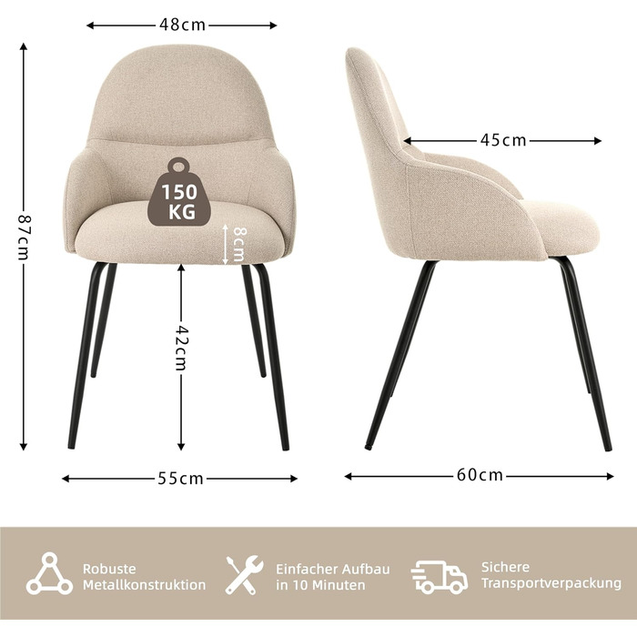 6 стільців для їдальні з підлокітниками – ергономічні оббиті стільці, сучасні кухонні стільці з льоновим покриттям та металевими ніжками, для вітальні, їдальні, кухні, бежевий колір, комплект 6 шт.
