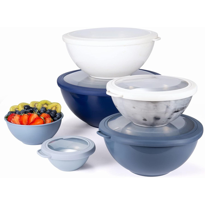 Набір мисок для змішування Cook With Color (12 шт.) з кришками TPR – 6 мисок для приготування їжі та 6 кришок, підходить для мікрохвильової печі (синій та білий)