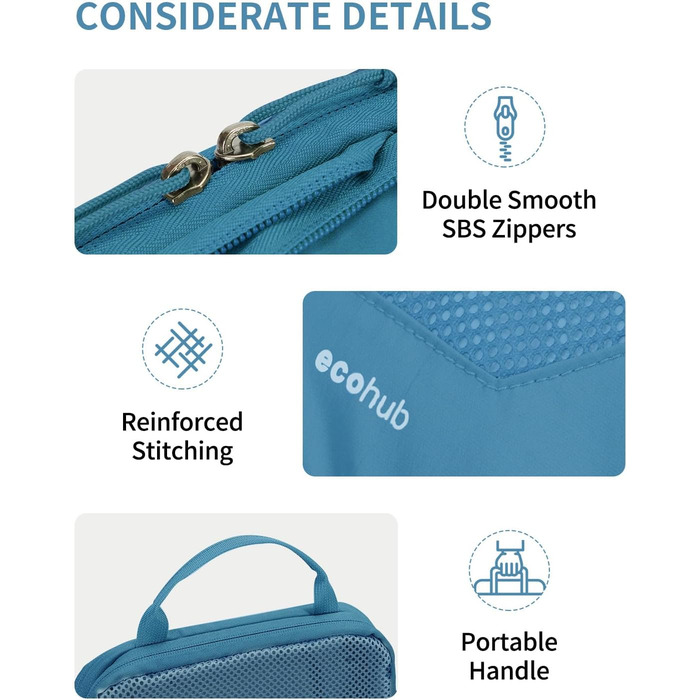 Набір компресійних органайзерів для валізи та рюкзака ECOHUB, 4 шт, з мітками та сітчастим підсиленням, екологічні дорожні сумки для одягу (Синій)
