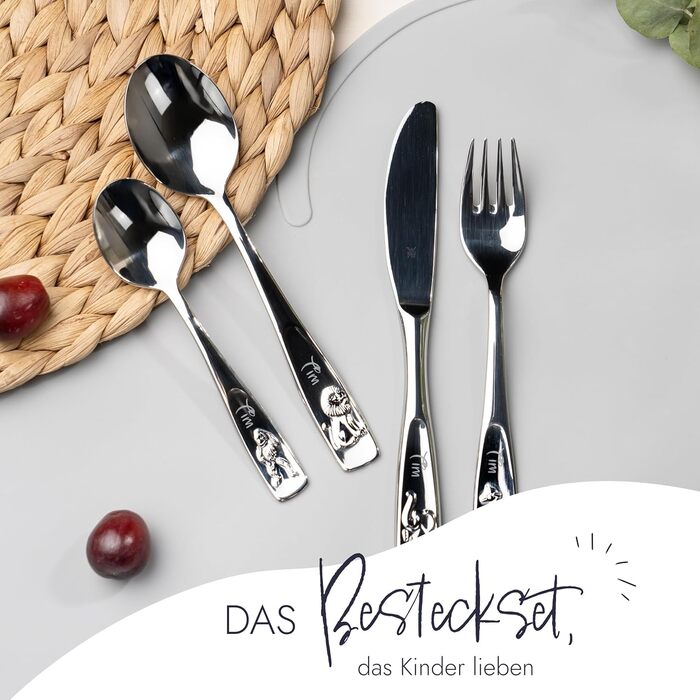 Дитячий столовий набір WMF Kinderbesteck з гравіюванням, нержавіюча сталь, 4 предмети, придатний для миття в посудомийній машині – подарунок на хрещення, подарунки на хрещення для дівчаток та хлопчиків, дитячий столовий набір з гравіюванням