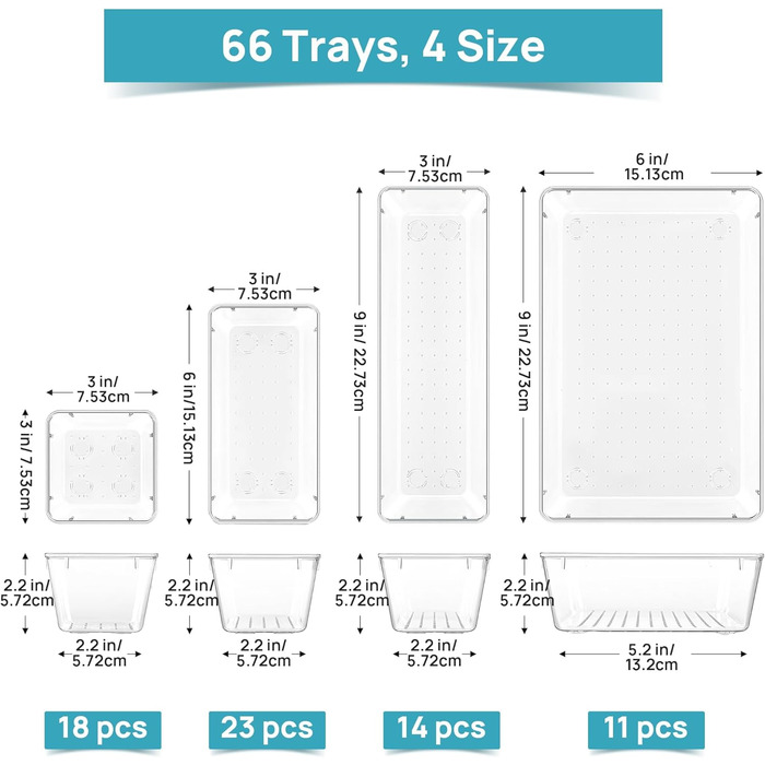 Система організації ящиків, 4 розміри, органайзер для макіяжу, прозорий пластик, 66 шт. для кухні, ванної кімнати, офісу
