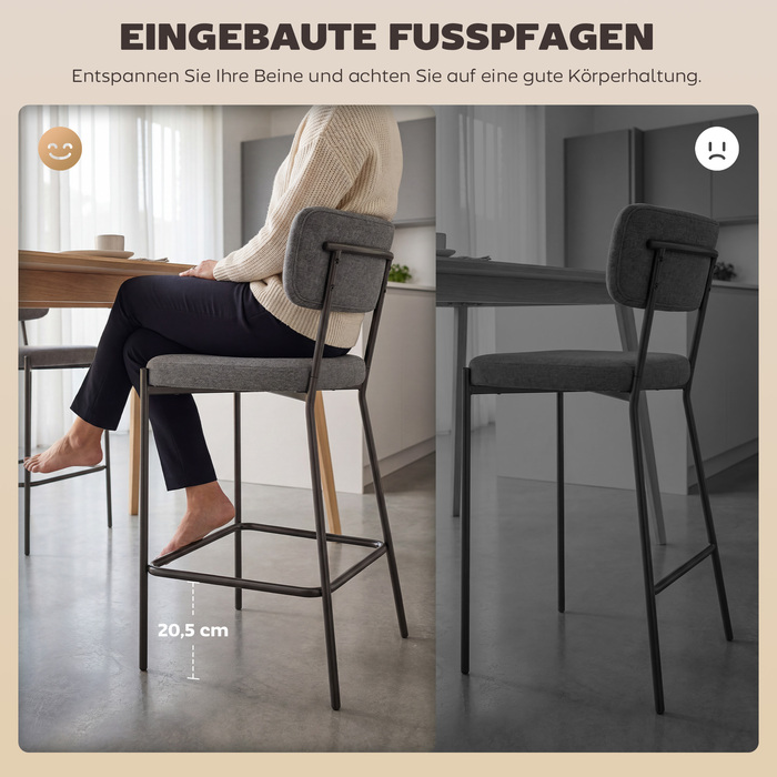 Набір з двох барних стільців, м'які барні стільці з вигнутою спинкою, для кухонного острова, зони сніданків, сірого кольору.