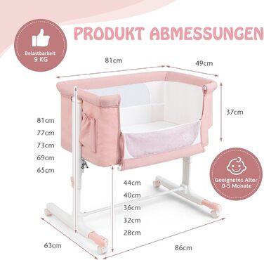 Дитяче ліжко-гойдалка Dreamade 2 в 1 з регулюванням висоти, 86 x 63 см, рожеве, від народження до 9 кг, з матрацом та колесами