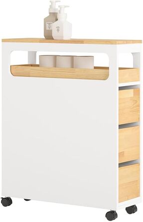 Тумбочка для ванної кімнати SoBuy з колесами, вузька з 3 висувними ящиками, компактна комода з дерева, навісна шафка для маленьких ванних кімнат, туалетів та кухонь, білий, 65x23x82 см, BZR54-W (Натуральний)