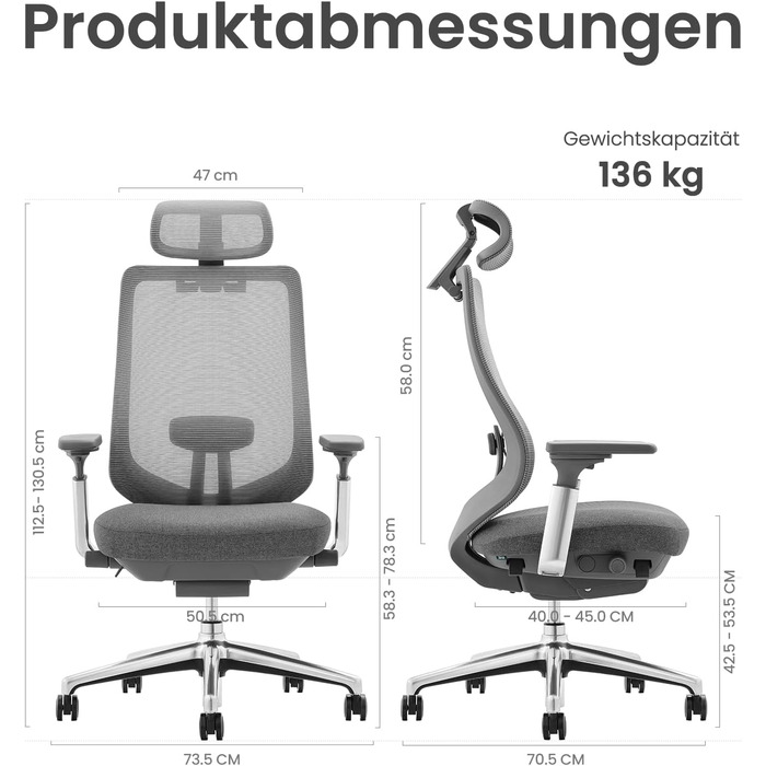 Офісний крісло Colamy XK Atlas з ергономічним дизайном, сітчаста спинка, регульована підголівник, поворотний крісло для комп'ютера з 4D підлокітниками, алюмінієва база, регульоване сидіння, фіксація нахилу, темно-сірий колір