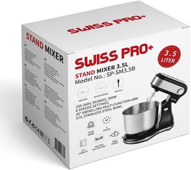 Швейцарські кухонні комбайни, міксери та міксери Pro - Машина для замішування тіста з кришкою - 300 Вт - нержавіюча сталь - чорний - 3,5 л