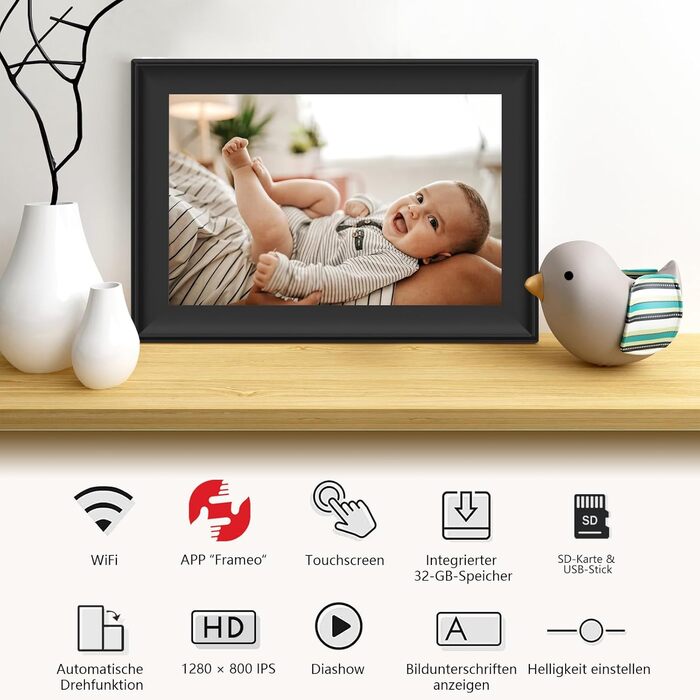 FRAMEO Цифровий фоторámеn 15.6 дюймів WiFi, IPS, FHD 1920x1080, 32GB, сенсорний екран, автоповорот, для стін, фото/відео через додаток FRAMEO