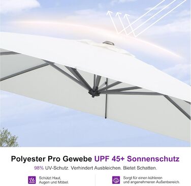 Парасолька від сонця PURPLE LEAF 300x300 см, велика підвісна парасолька-ампел з рукою-курбою, поворотом на 360° та хрест-підставкою для тераси та балкона, біла