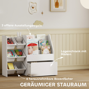 Поличка для іграшок у дитячу кімнату з 6 контейнерами, книжкова полиця, мобільний ящик, розміри 100 x 30 x 80 см, МДФ, сталь, білий