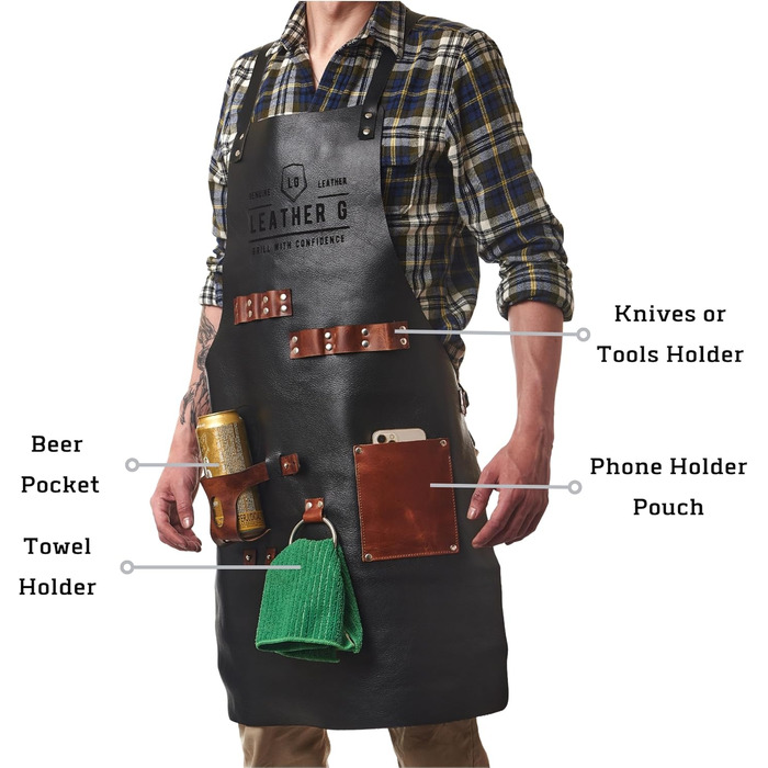 Чорний шкіряний фартух для гриля з тримачем для пива, BBQ фартух для майстра гриля - міцний, з кишенями, регульовані бретельки