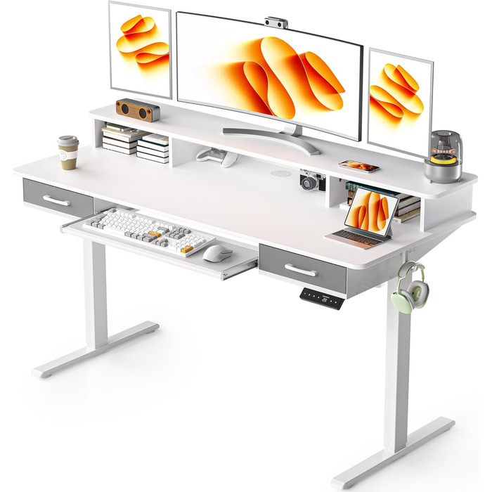 Регульований за висотою стіл WALKINGDESK з електроприводом, 160x60 см. Стіл для комп'ютера з ящиками та підставкою для клавіатури, білий. Підходить для дому та офісу.