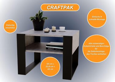 Стіл для вітальні CraftPAK для дивана з високоякісної деревини, міцний і сучасний журнальний столик з додатковим місцем для зберігання, колір (бетонно-чорний)