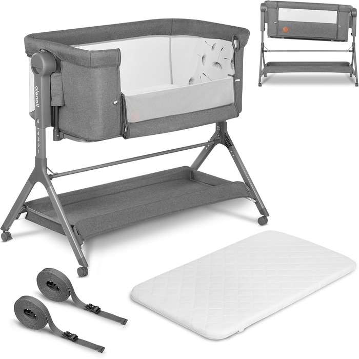 Дитяче ліжко Lionelo Leonie Plus 3 в 1 (ліжко, приліжкова колиска, гойдалка) сірого кольору, до 9 кг, з регулюванням висоти, повітряні стінки, знімною бічною панеллю, коліщатка з гальмом, великий кошик
