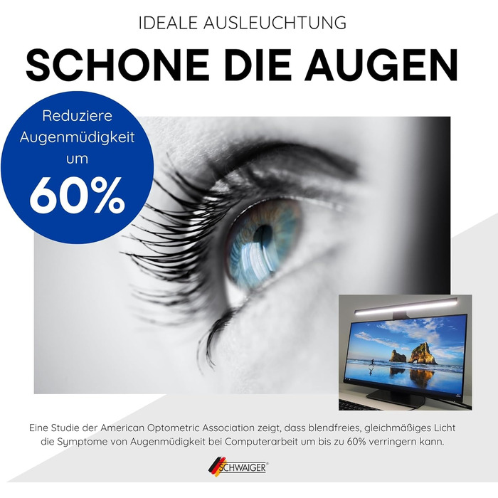 LED лампа на монітор Schwaiger з USB-C, сенсорне керування, 1,5м кабель, для дому, офісу та ігор