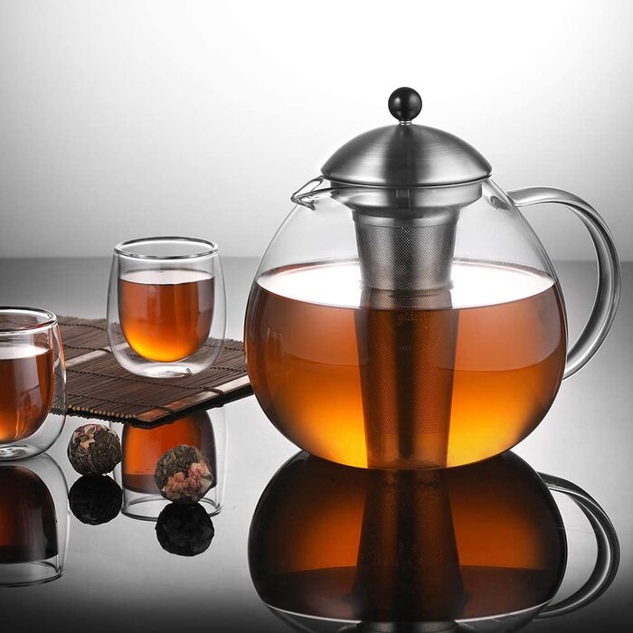 Скляний скляний Срібний чайник з нержавіючої сталі 18/8, ситечко для чаю з боросилікатного скла, чайник, підходить для підігріву чаю (Тип2-1, Срібний чайник, 2000 мл)