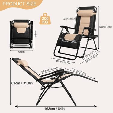 Розкладне ліжко для саду, широке 72 см, з підстаканником та подушкою, для відпочинку на вулиці, на терасі або балконі (Бежевий)