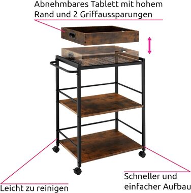 Візок для сервірування Tectake, 65x41.5x87 см, знімний піднос, 2 дерев'яні полиці, індустріальний стиль, чорний метал