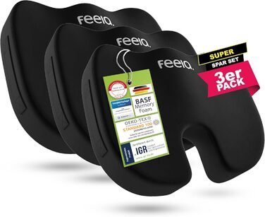 Ортопедична подушка для сидіння Feela® [3 ступені жорсткості] - Ергономічна подушка для офісного крісла та ін. - Зменшує біль, підвищує комфорт, полегшує хребет (3 шт., Medium) (Medium (60-100 кг), Чорний, 3 шт.)