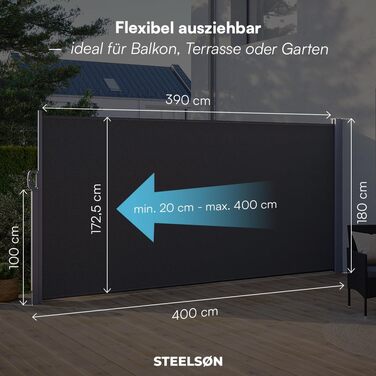 Розсувна бічна маркіза STEELSØN Zirella 180x400 см, алюмінієва, антрацит, захисна шторка для балкона та саду