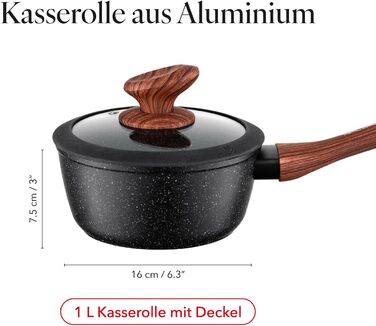 Набір каструль та сковорідок FLORINA Master Black 6 предметів, алюмінієві з кришками, для індукції, газу, електроплити, посудомийна машина