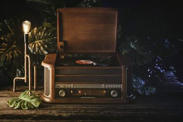 Ретро музичний центр Nostalgie з Bluetooth, касетною декою, CD/MP3/USB програвачем, радіо, програвачем вінілових платівок, AUX IN, записом MP3 та пультом