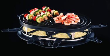 Гриль Ракулет Russell Hobbs 8 осіб з 8 сковородами та дерев'яним шпателем, 2 грильні поверхні: з натурального каменю з канавкою для соку та антипригарне поворотне решітка/тепаньякі, гриль для піци, 26280-56 (Raclette oval)